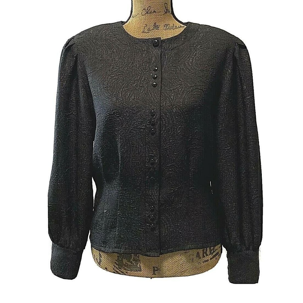 VTG Ship N Shore Blouse 8 Black Embossed Fitted Waist Puff Sl Button Top